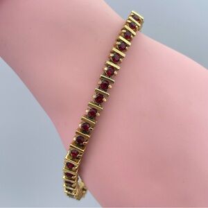 Beautiful Vintage Gold-Tone Red Rhinestone Tennis Bracelet Vintage Style 7.50”